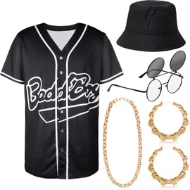Jiuguva 90s Outfit for Women Hiphop Baseball Shirt Bucket Hat Retro Round Glasses Chain Necklace Hoop Earrings for 90s Costume Party (Black, X-Large)