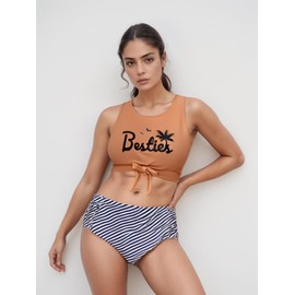 IFFEI Mommy and Me Family Matching Swimsuits Letter Print Lace Up Womens Bathing Suit Two Piece Bikini Sets Men: XL Khaki