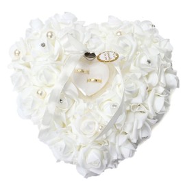 Rose Wedding Ring Box, Wedding Ring Cushion Heart Shape Ring Cushion, Romantic Rose Wedding Favours Heart Pearl Ring Box Cushion Cushion with Satin Flowers, for Wedding Gift (White)
