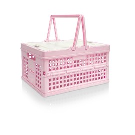 Daixers Foldable Small Plastic Baskets with Lids and Handles for Organizing,Collapsible Storage Crates, Stackable Bins for Home Kitchen Bedroom Bathroom Office (Pink, 14 * 10 * 7)
