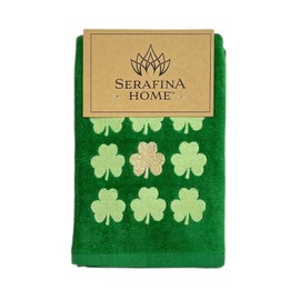 Serafina Home St. Patrick's Day Irish Kitchen Bath Guest Hand Towels: Soft Absorbent Embroidered Green and Gold Shamrocks Clovers, 100% Cotton, Green, 16" x 25"
