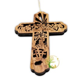 Last Supper Scene on Olive Wood Cross - Christmas Decoration | Tree Ornament Story of Jesus Last Supper | Religious Gift from the Holy Land (Set of 1)