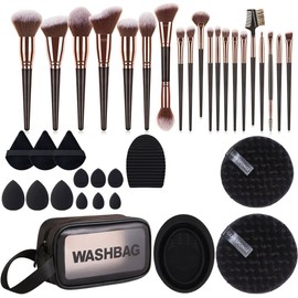 37 Piece Makeup Brush Set - Includes Makeup Brushes, Powder Puffs, Beauty Eggs, Makeup Brush Cleaning Bowls, and Makeup Bag for Mother's Day, Christmas, Valentine's Day, and Women's Day Gifts (Black)