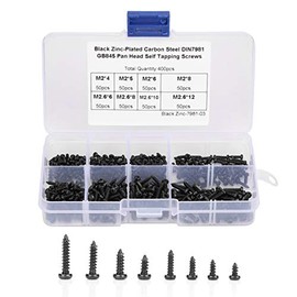 Surtido de tornillos de rosca, tornillos autorroscantes 400 piezas negro M2 / M2.6 Juego de tornillos de rosca Linsenkopf Surtido Kit de tornillos de cabeza plana con caja, de acero inoxidable