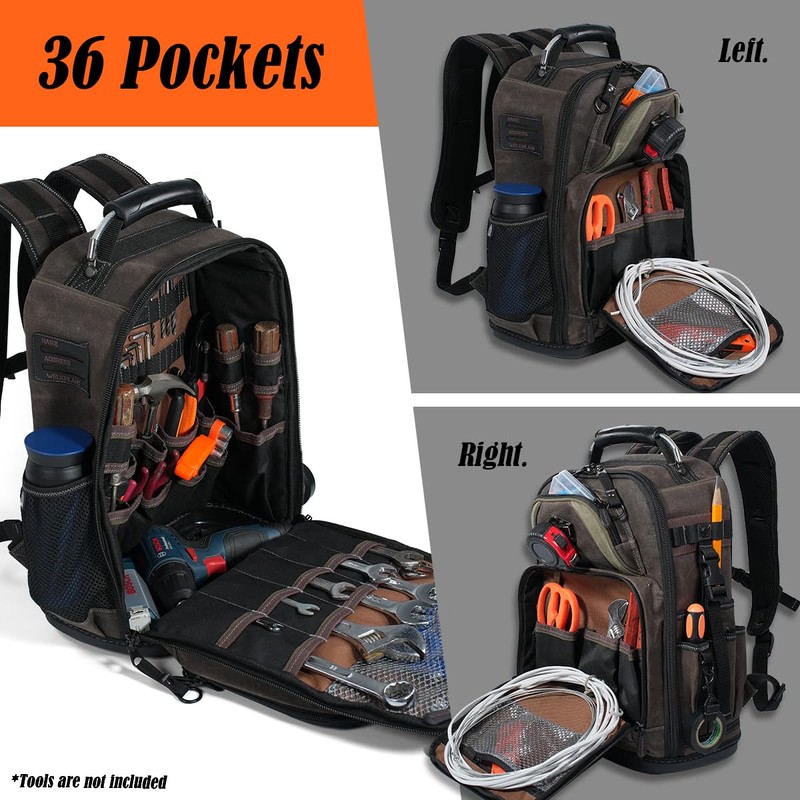 WELKINLAND 36-Pockets Electrician Backpack, Hard-Based HVAC Backpacks, Waxed-Canvas Technician Backpack,