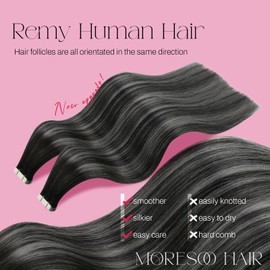 Moresoo Tape in Hair Extensions Human Hair Silver Grey Hair Extensions for Women Tape ins Ombre Black and Silver Tape in Extensions Remy Human Hair 20 Inch 50g/20pcs