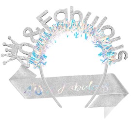 AOPRIE 40 & Fabulous Birthday Sash for Women Birthday Tiara & Crowns Headbands for Girls Happy Birthday Accessories Favor Supllies Silver, 2 Pack