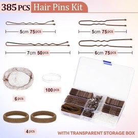 Kit de 385 Piezas de Horquillas y Pasadores para Cabello Incluye Redecillas Moño, Scrunchies y Gomas Accesorios de Peinado para Mujer con Caja Organizadora (Marrón)