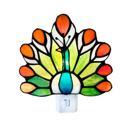 WKINGDIY Tiffany Stained Glass Peacock Night Light WKD1003 (Green、Orange) Tiffany Glass Night Light, Peacock Pattern, Stained