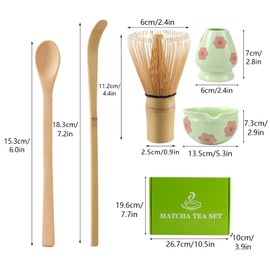 Matcha Set Whisk and Bowl Matcha Tea Set with Bamboo Matcha Whisk, Traditional Matcha Spoon and Matcha Whisk Holder(Green)