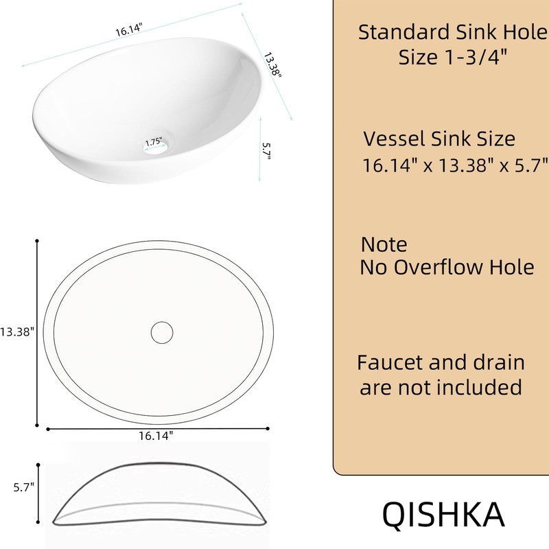 Oval Bathroom Vessel Sink Above Counter, QISHKA 16" x 13"