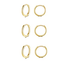 GULICX 8mm Silver 14K Gold Hoop Earrings Set for Women Men Girls, 3 Pairs Hypoallergenic 925 Sterling Silver Unisex Small Helix Cartilage Tragus Sleeper Hoops Huggie Hinged Earrings for Teens Gift