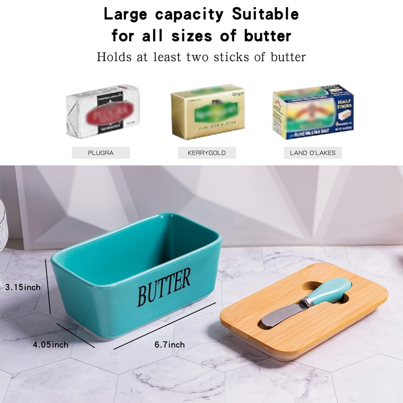 Blue Ceramic Butter Dish with Lid and Knife for Countertop,