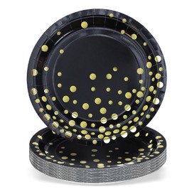 ZVK Gold Party Paper Plates Set, Pack of 24 Black 23cm Dinner Plates Disposable Tableware for Weddings, Bridal Shower, Graduations, Anniversary