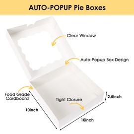 Moretoes 24pcs Bakery Boxes, 10x10x2.5 Inches Auto-Popup Pie Boxes for Cookies, Chocolate Covered Strawberries, Pies, Donuts, Muffins