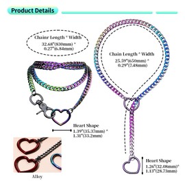 Flongo Heart Slip Chain for Women: 2 Pieces Cuba Necklace Rainbow Double Layer O Ring Link Chain Adjustable Lasso Y Long Chain Colour Chain Choker Gift for Women