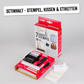 Trodat 7 Stamps for Marking Personal Items, Stamp Set to Design Yourself - 3 Lines, German, Textile Stamp, Machine Washable, 38 x 14 mm, Black Imprint, Includes Accessories