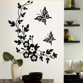 Black Wallpaper Butterfly Flower Wall Stickers Decal Home Decoration Removable Mural Decor, DIY Wall Stickers and Murals