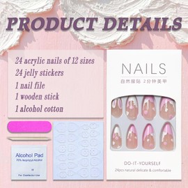 Easter Press on Nails Medium Almond French Tip Fake Nails Nude Full Cover Pink Bunny False Nails with Designs Glossy Glue on Nails Cute Acrylic Nails Artificial Nails for Women Girls 24Pcs