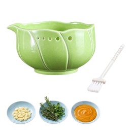 Handmade Pottery Herb Stripper Bowl with Garlic Grater Plate, Multi-functional Kitchen Tools, for Ginger, Garlic & Herbs, Suitable for Peeling Off The Leafy of Cilantro, Rosemary et (Green)