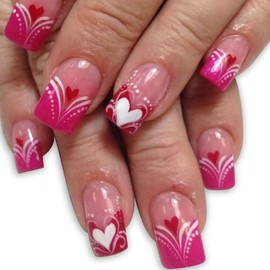 Rose Red French Tip Press on Nails Medium Square Fake Nails with Cute Hearts Design Valentines False Nails Press ons Glossy Glue on Nails Acrylic Valentines Day Stick on Nails for Women 24 Pcs