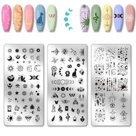 PH PandaHall 3pcs Moon and Sun Nail Stamping Plate, Divination Nail Art Templates Mysterious Art Stencils Stainless Steel Image Plates for Women Print Manicures Salon Design Supplies