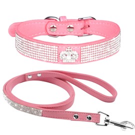 haoyueer Rhinestone Dog Collar, Cute Dazzling Sparkling Soft Suede Leather Dog Cat Rhinestone Collar Leash Crystal Diamond Pet Dog Puppy Collar (M, Pink-4)