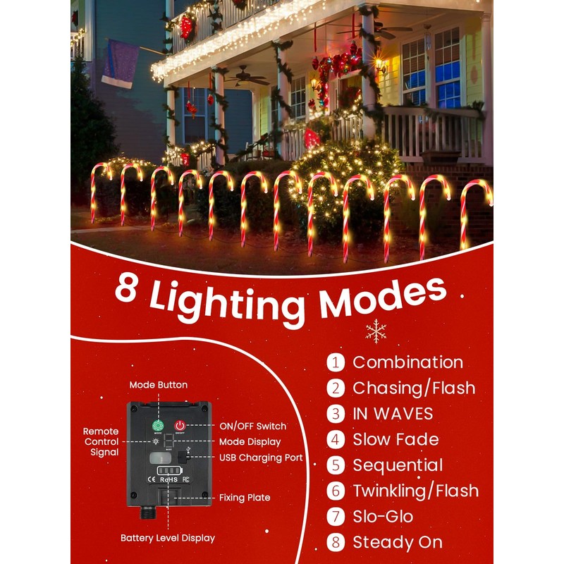 Upgraded 24 Pack Candy Cane Solar Lights Outdoor Waterproof, Rechargeable