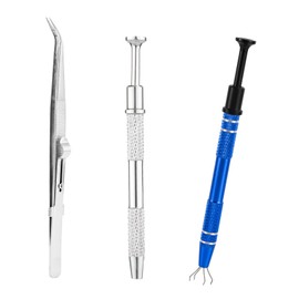 3pcs Jewelry Pickup Tools, Premium Aluminum Alloy Piercing Claw Tool with Stainless Steel Elbow Tweezers for Changing and Dissembling Jewelry Small Parts(Blue, Silver)