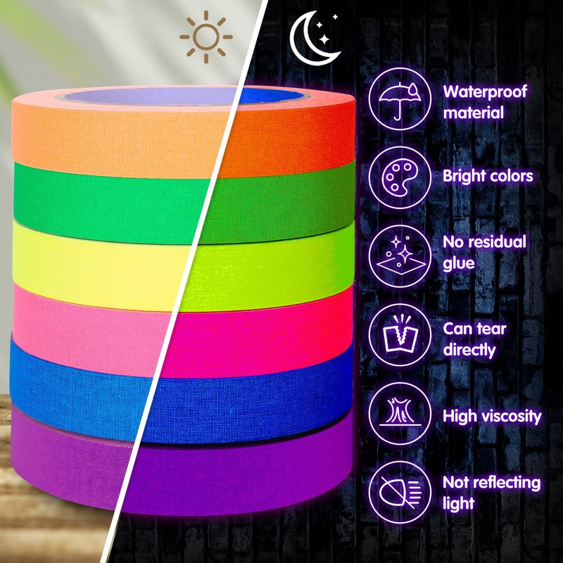 Whaline 6 Colors Neon Gaffer Cloth Tape, Fluorescent UV Blacklight