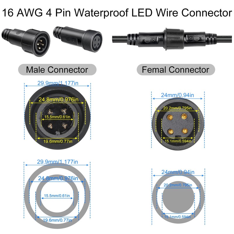 wecan 4 Pin Waterproof Cable Connector Kit 20AWG 28cm Male/Female