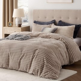 Bedsure Fluffy Duvet Cover Set - Ultra Soft Plush Shaggy Comforter Cover Queen Size, Warm Flannel Fleece Bed Sets for Winter, 3 Pieces (Striped Pattern, Khaki)