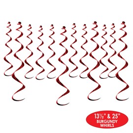 Beistle 24 Piece Metallic Plastic Hanging Swirls Whirls for Birthday Party, Baby Shower, Graduation Celebration, Wedding Reception, 13.5" & 25", Burgundy