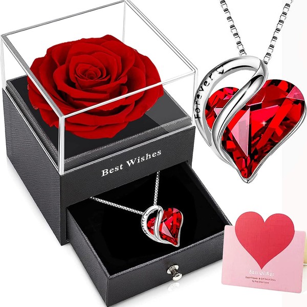 Willuck Eternal Rose with Chain Silver 925, Infinity Rose Box, Preserved Real Roses, 925 Sterling Silver Women's Crystal Heart Necklace, Women's Pendant Gift for Valentine's Day, Christmas, Mother's
