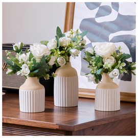 3 Pcs Silk Roses Artificial Flowers with Vase, Fake Flowers in Vases - Faux Flower Arrangement Table Centerpiece Decorations Set for Decor Your Home Dining Room Living Coffee Table (Beige White)