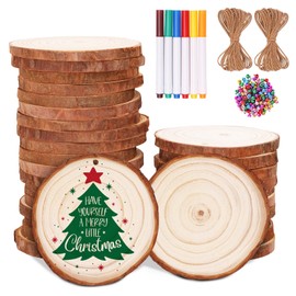 Max Fun Natural Wood Slices 30PCS 3.5-4'' Crafts DIY Wooden Christmas Ornaments Unfinished Predrilled Round Wood Circles for Arts and Crafts Centerpieces Holiday Hanging Decorations
