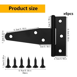 Pack of 6 Black Door Hinges, T-Hinges, Metal Gate Hinges, Gate Hinges, Door Barn Doors Hinges for Shed Doors, Barn Doors, Garden Gates, Shed Gates Hinges