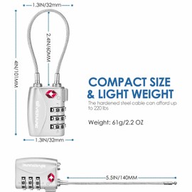 2 Pack TSA Approved Travel Luggage Locks, Long Cable Combination Lock Alloy, Metal Keyless 3-Digit Padlocks, Weatherproof TSA Accepted Padlock for Toolbox Gym Locker Golf Bag Case Backpack-Silver