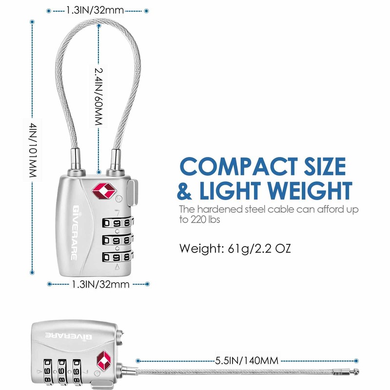 2 Pack TSA Approved Travel Luggage Locks, Long Cable Combination