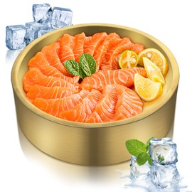 8.5in Gold Stainless Steel Ice Chilled Serving Trays, Appetizer Cold Serving Tray Platter with Ice, Iced Serving Tray for Parties, Cooling Shrimp Cocktail Serving Dish for Food Fruit (Gold)