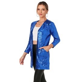 THANKPEARL Women's Sequin Jacket Long Sleeve Open Front Blazer Sparkly Party Cardigan Royal Blue,XXL
