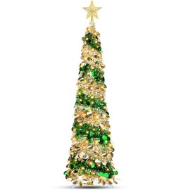 5FT 50-Light Pop-Up Prelit Slim Christmas Tree with Timer, Sequins, and Battery for Indoor Holiday Decor