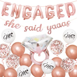 Engagement Balloons, Rose Gold Engagement Decorations, She Said Yaaas Banner, Diamond Ring Balloons Confetti Balloons for Engagement Party Decorations Bachelorette Party Accessories