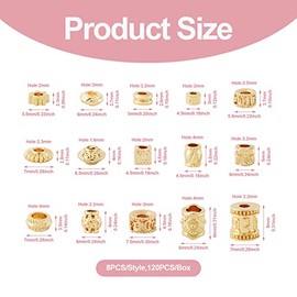 PH PandaHall 120 piezas de cuentas espaciadoras tibetanas doradas de 14K - 15 estilos de cuentas de aleación, columna cúbica, barril, flores, cuentas espaciadoras de metal para pulseras, aretes