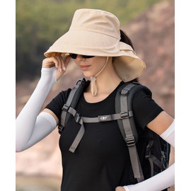 Aenmt Womens Sun Hat with Ponytail Hole，UPF 50+ Wide Brim Outdoor Summer hat Hiking Safari Beach Grdening Fishing Hat with Neck Flap Beige