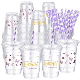 Jingmore 50 Set 16 oz Butterfly Spring Baby Shower Plastic Cups a Little Butterfly Is on the Way Disposable Plastic Cups with Straws Purple Drinking Cups for Birthday Baby Shower Party Decoration