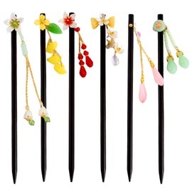 HLTOO 6PCS Vintage Wooden Hair Sticks, Chinese Japanese Hair Chopsticks for Women, Decorative Retro Hair Pins with Flower Pendants, for Women and Girls Hair Styling Accessories