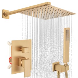 SGUVK Brushed Gold Shower Faucet Set, Bathroom Rainfall Shower System Fixture 10 Inch High Pressure Square Rain Shower Head with Handheld Sprayer Combo Wall Mount with cUPC Certified Rough-in Valve