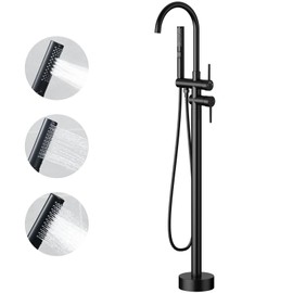 Free Standing Bathtub Faucet Set: SR SUN RISE Floor Mount Tub Filler with 3-Function Handheld Shower Head, Matte Black High Flow Brass Freestanding Shower Faucet