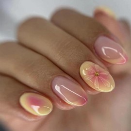 24Pcs Flower Press on Nails Short Almond Fake Nails Fake Nails Yellow Pink Gradient False Nails with 3D Floral Design Acrylic Nails Press ons Full Cover Stick on Nails Artificial Nails for Women